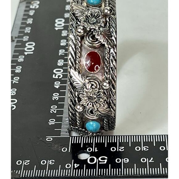 Vintage Navajo Mixed Metal Cuff Bracelet Turquoise Coral Inlay 46.3g HEAVY- 8.5” - Picture 11 of 12